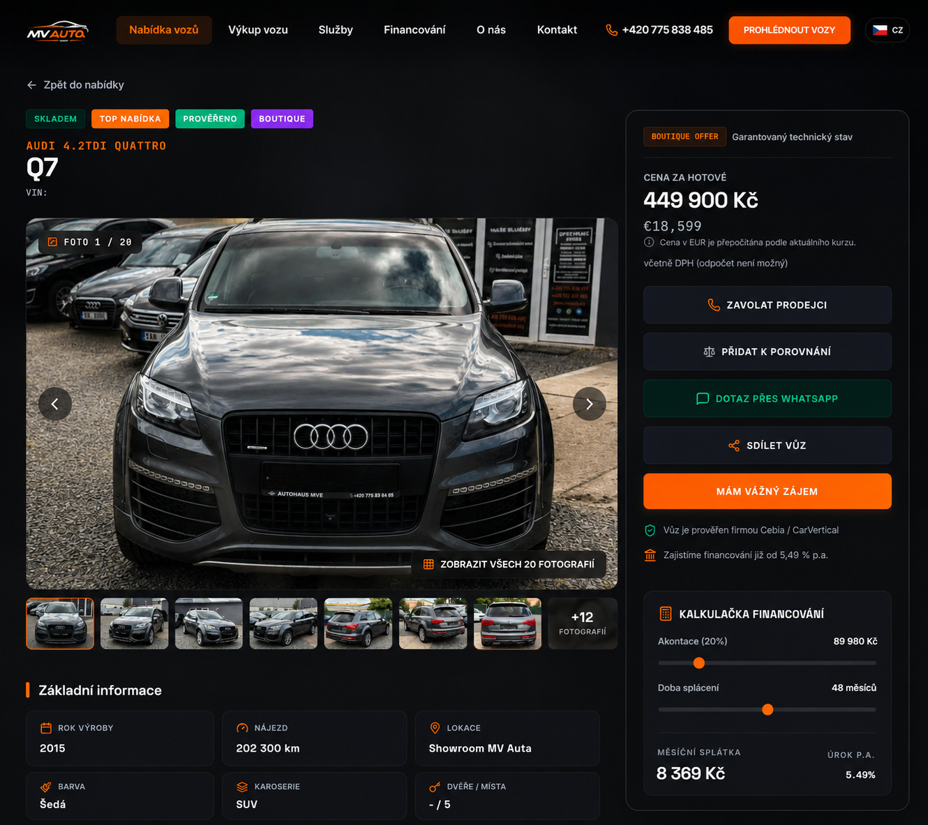Veřejná detailní stránka vozu MV AUTA s fotografiemi, cenou a kontaktními akcemi.