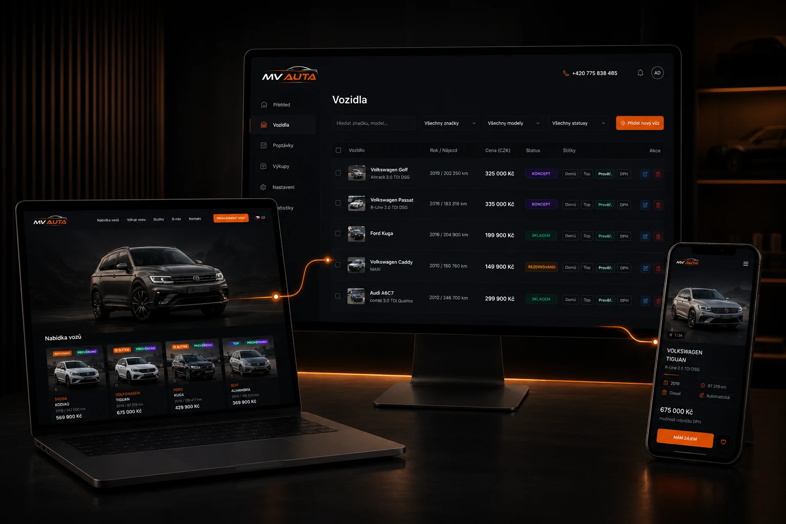 Veřejný web MV AUTA a interní systém pro správu vozidel a poptávek.