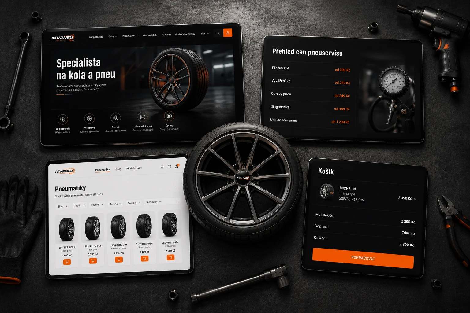 Web pneuservisu, přehled cen a e-shop projektu MV PNEU.