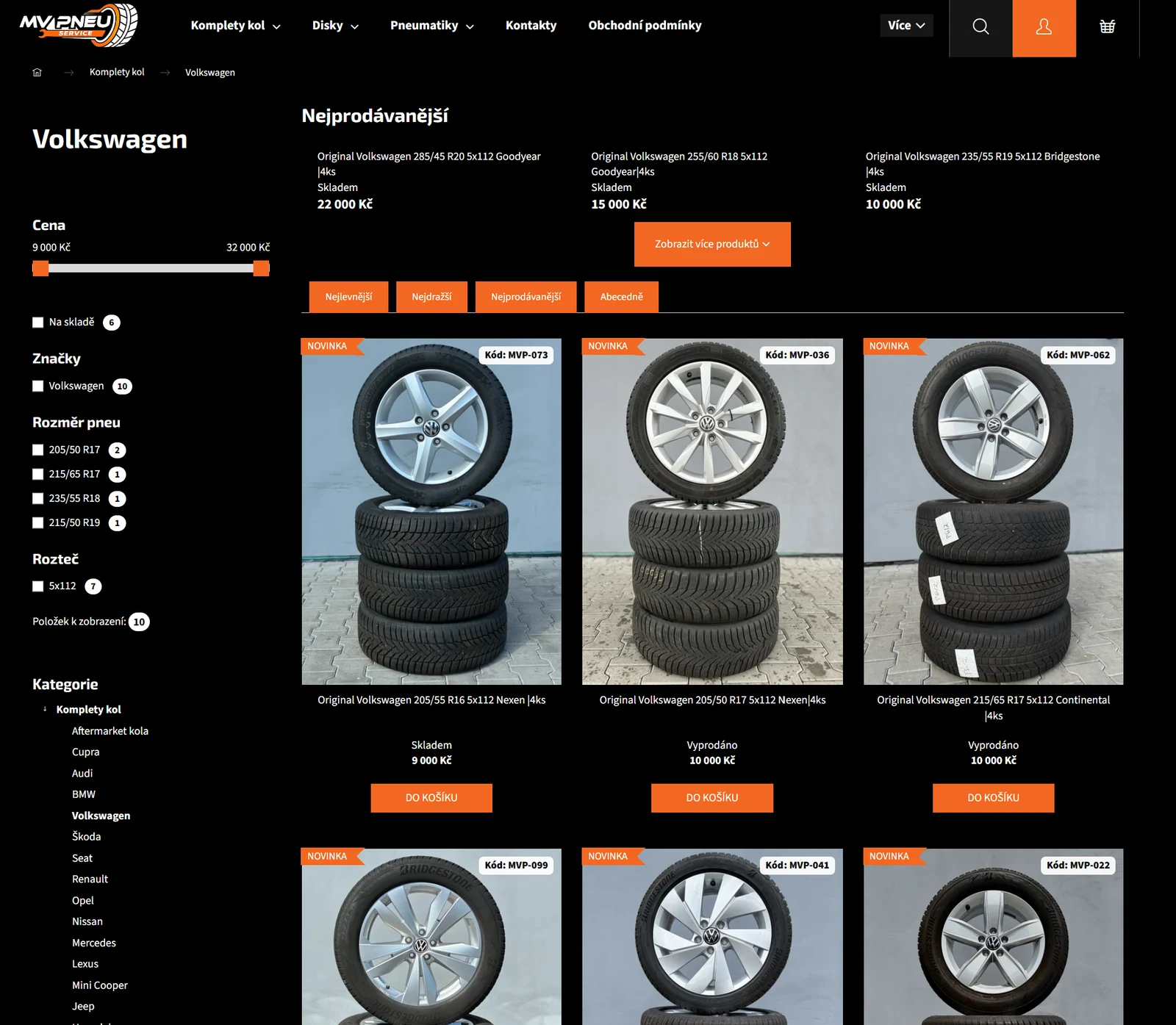 Produktový katalog e-shopu MV PNEU s filtrováním kompletních kol.