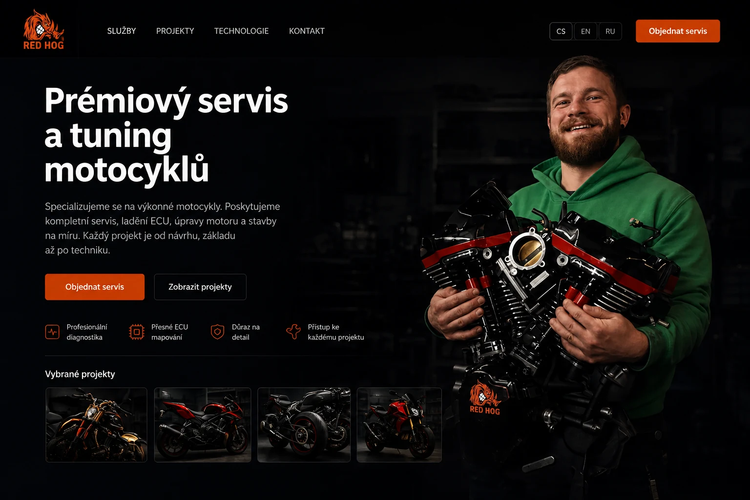 Domovská stránka RedHog s nabídkou prémiového servisu a tuningu motocyklů.